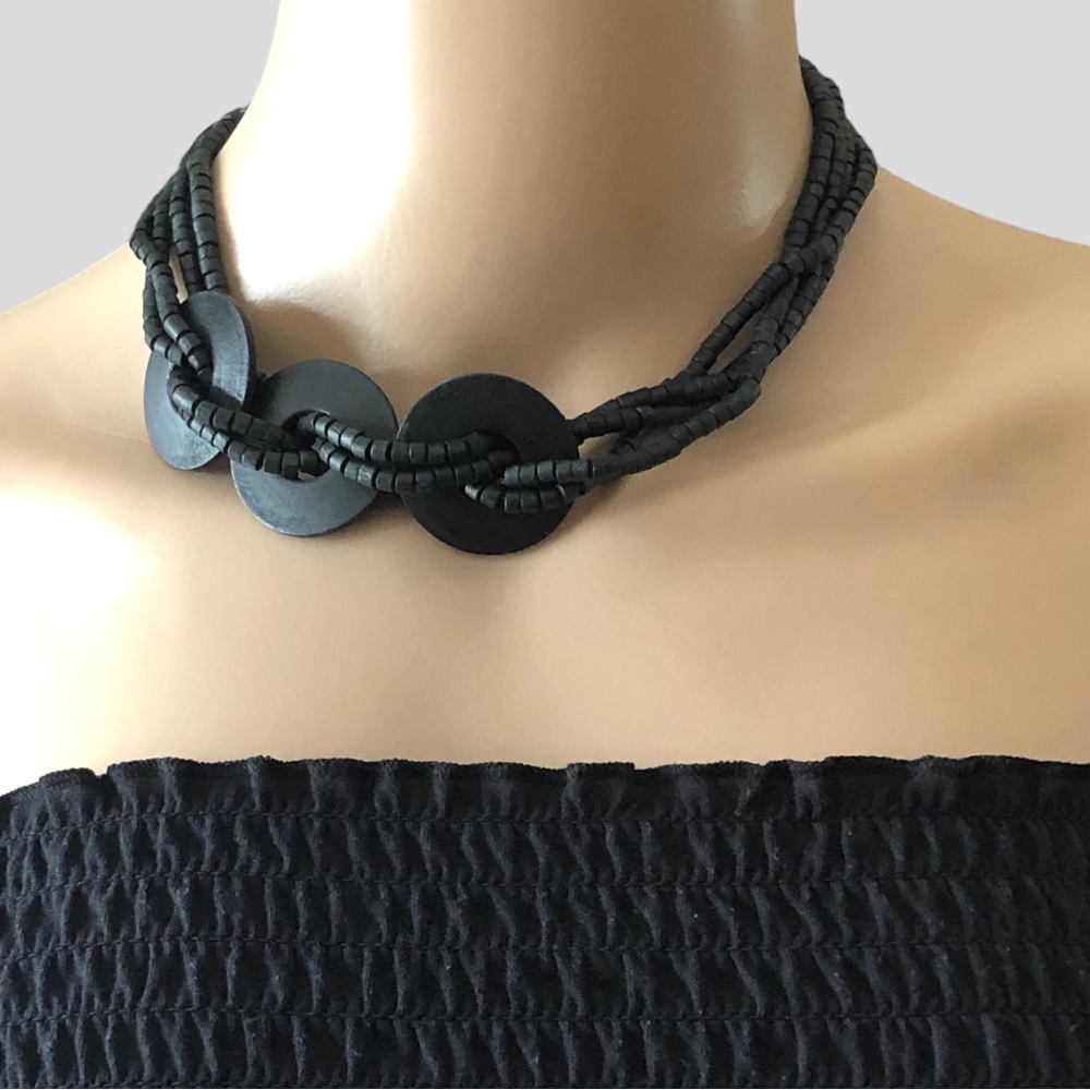 Handcrafted Beaded Wooden Necklace Strands of Beads with Offset Rings Black